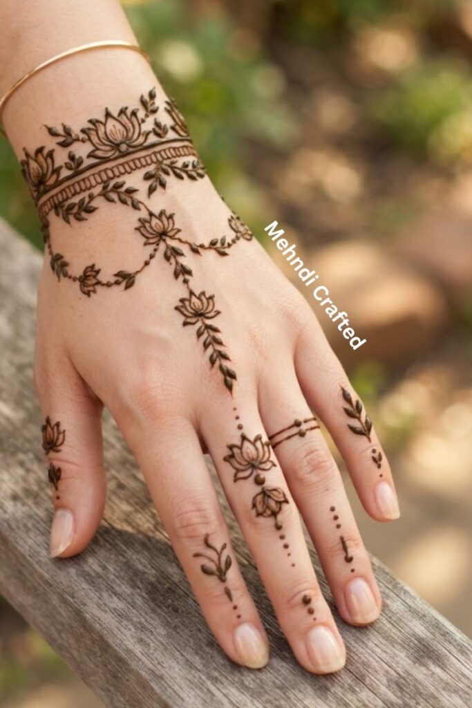 “Lotus Floral Bracelet Mehndi Design with Detailed Finger Patterns”