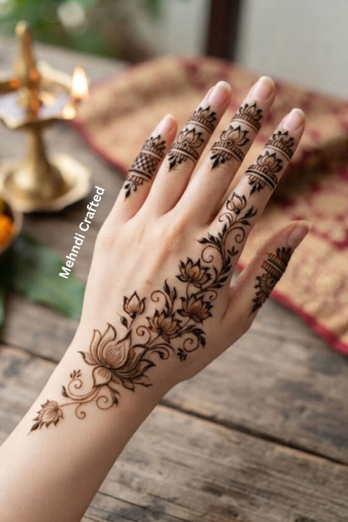 Lotus-inspired floral mehndi design with layered petals, leaves, and delicate henna details.