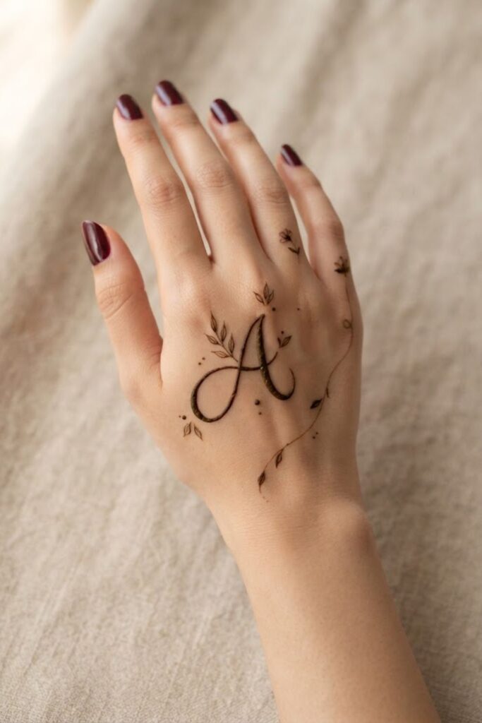 Minimal A initial mehndi design with delicate details and deep maroon nail polish