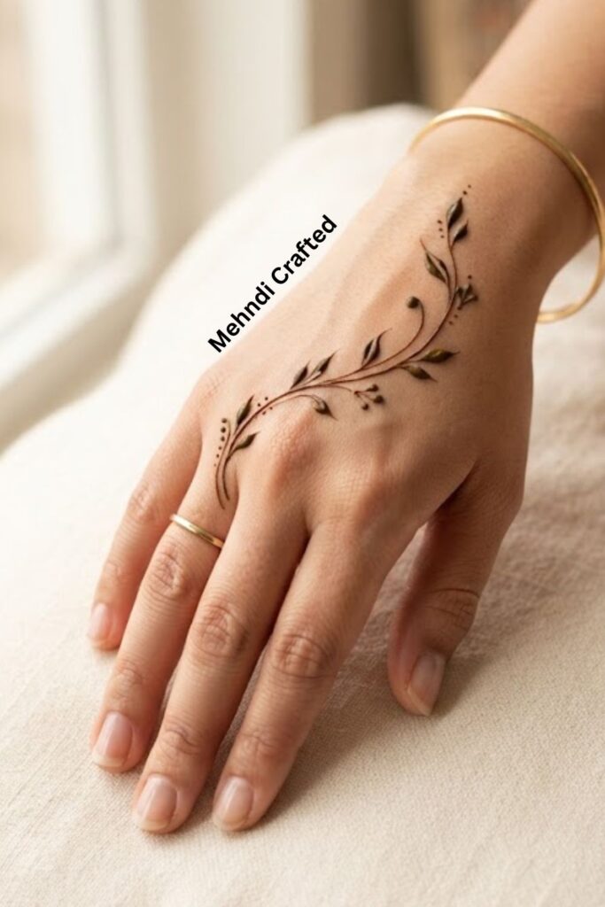 Minimal bail mehndi design for back hand with a delicate flowing vine and small leaves