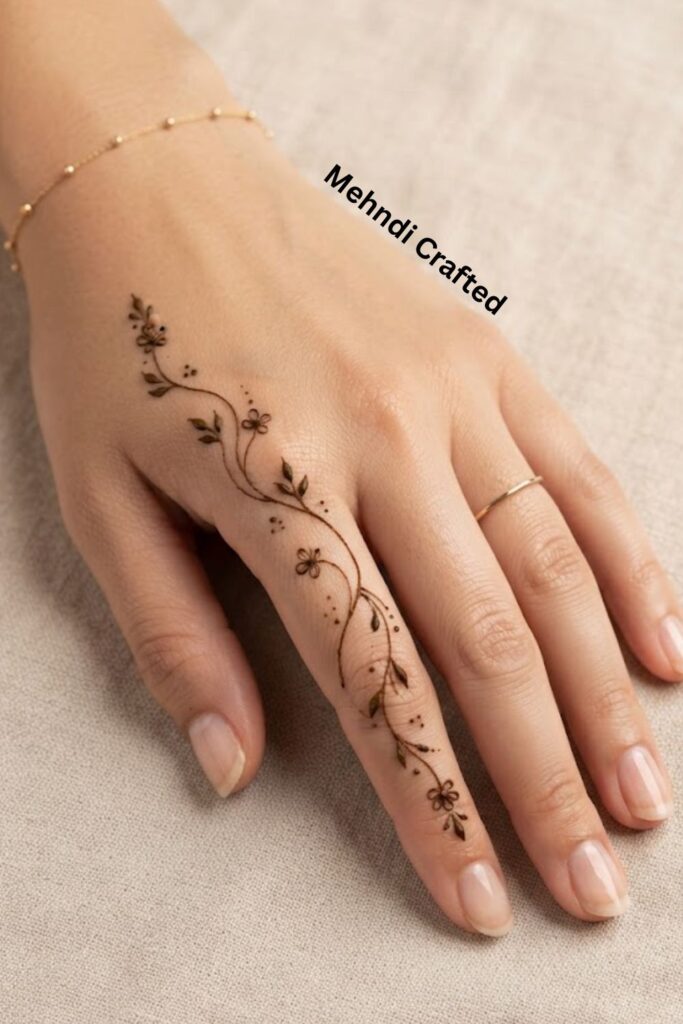 Minimal Finger One Line Mehndi Design with delicate leaves and tiny floral details