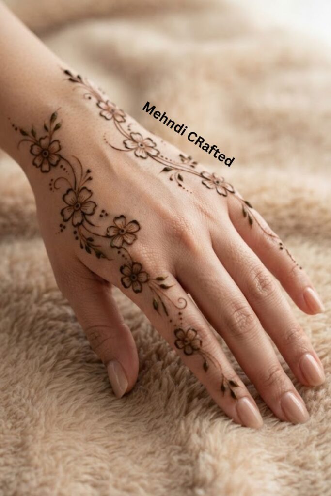 Minimal Bengali mehndi design with small flowers and delicate leafy details