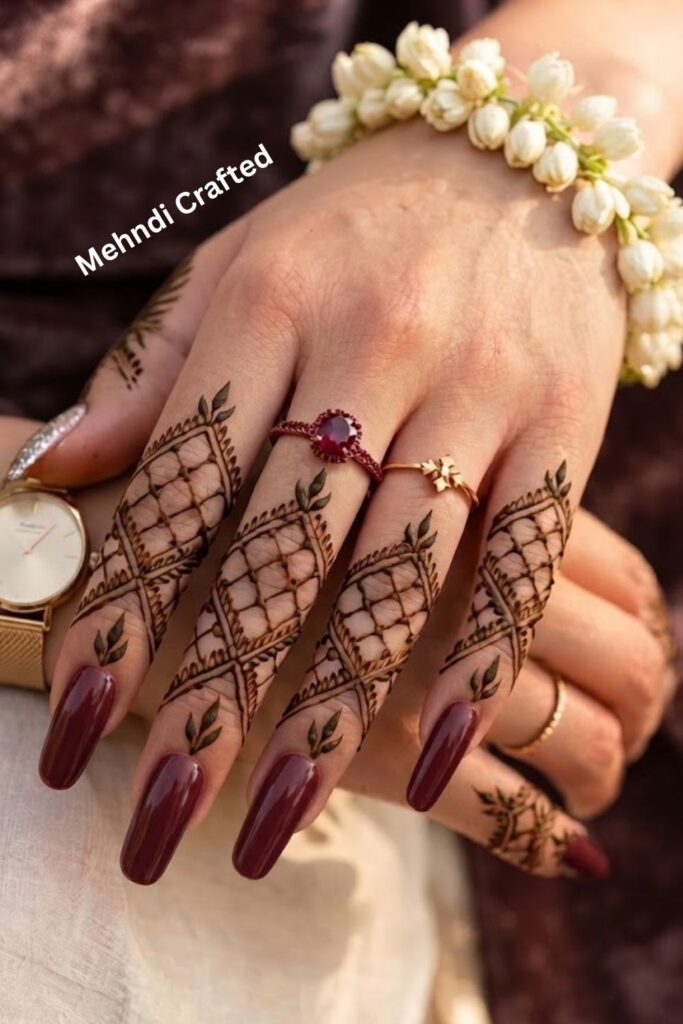 Minimal finger grid mehndi design with small geometric lines and squares