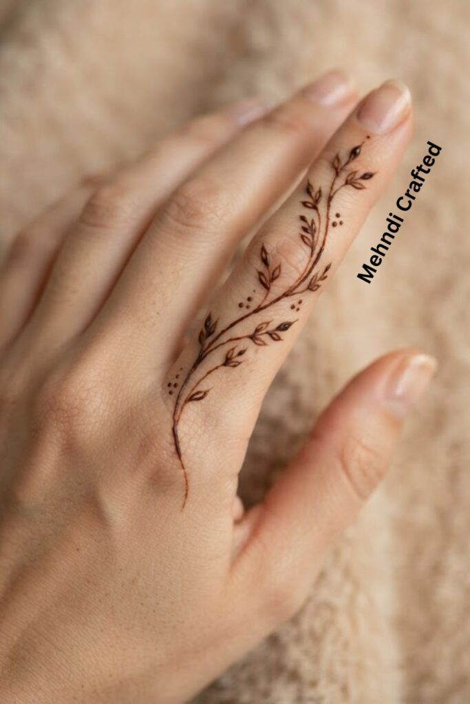 Minimal Finger Vine Henna Design with a delicate leafy vine on the finger