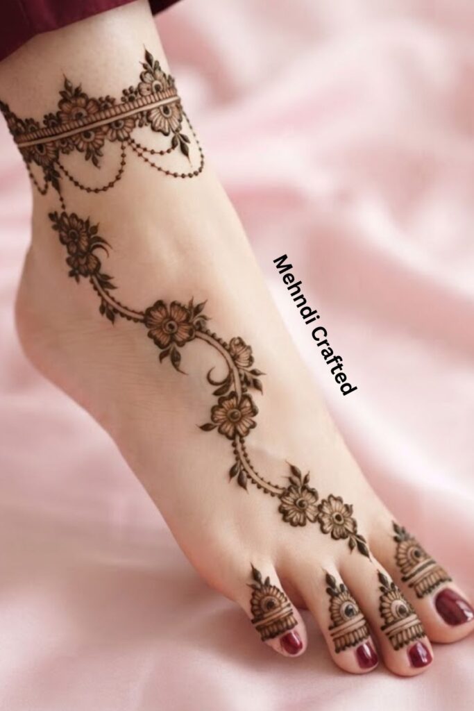 Minimal floral chain foot mehndi design with tiny flowers