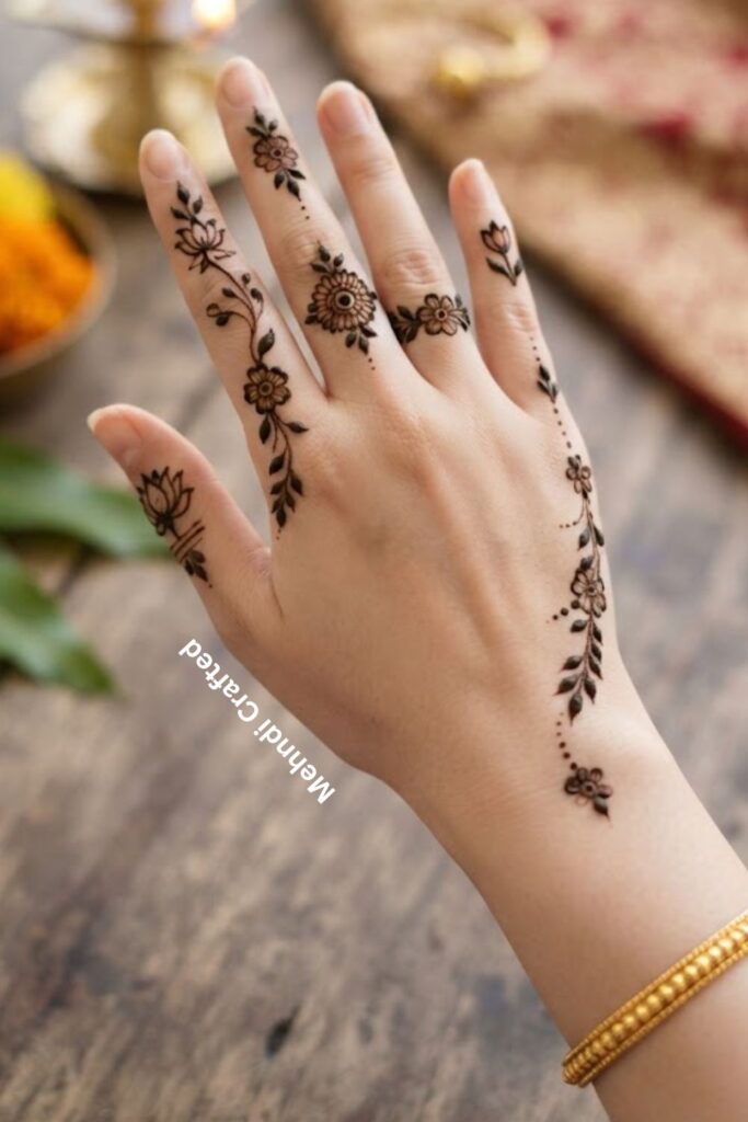 Minimal floral finger mehndi design with tiny flowers, leaves, and delicate henna lines.