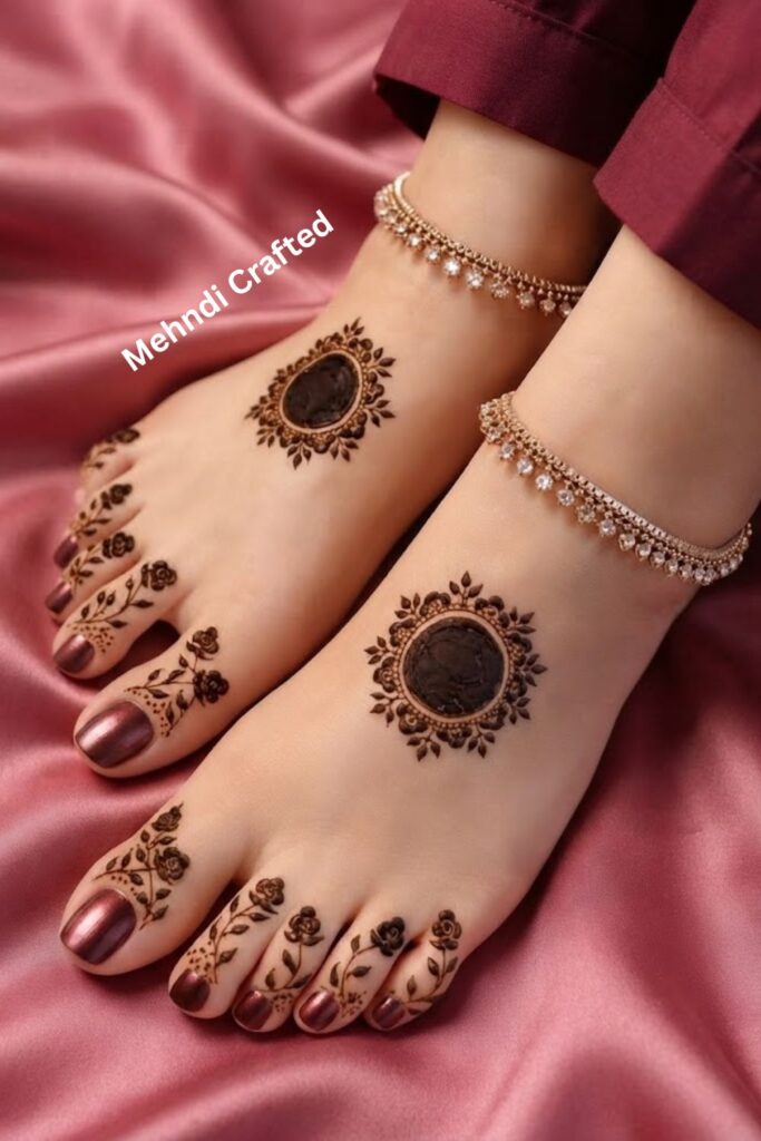 Minimal foot mandala with delicate toe trail mehndi design