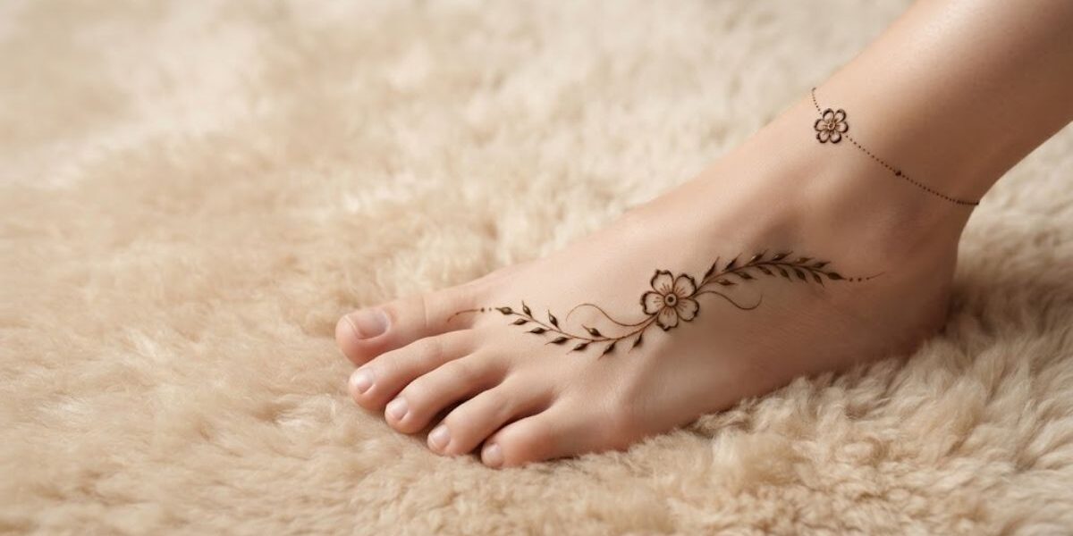Minimal Foot Mehndi Designs 2026 with a simple floral and leafy foot pattern