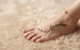 Minimal Foot Mehndi Designs 2026 with a simple floral and leafy foot pattern