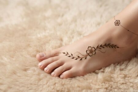 Minimal Foot Mehndi Designs 2026 with a simple floral and leafy foot pattern