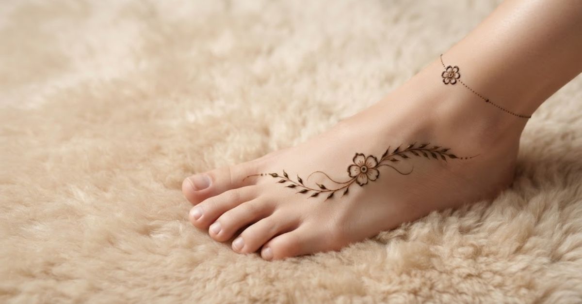 Minimal Foot Mehndi Designs 2026 with a simple floral and leafy foot pattern