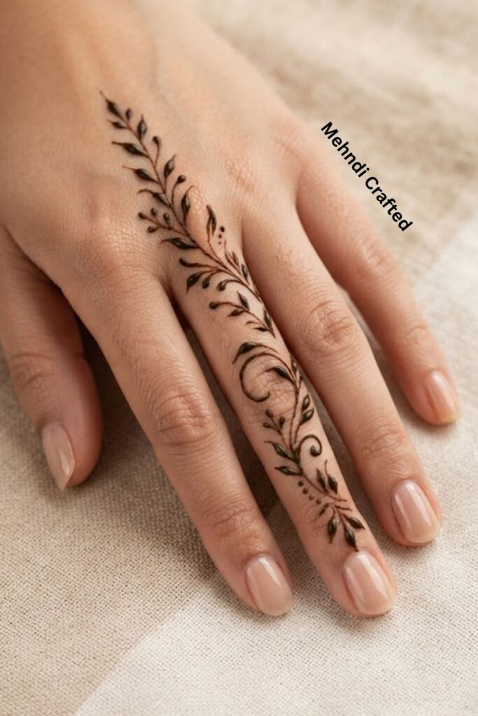 Minimal leafy finger mehndi design with delicate vine details