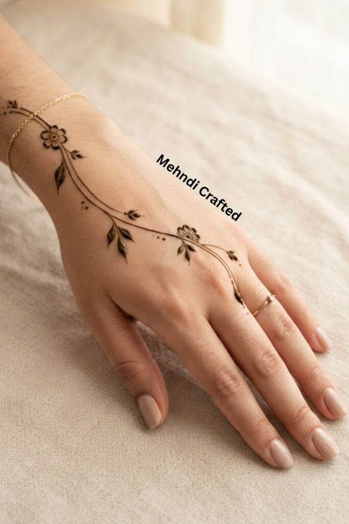 Modern minimal bail mehndi design with a delicate flowing vine, small leaves, and tiny floral details