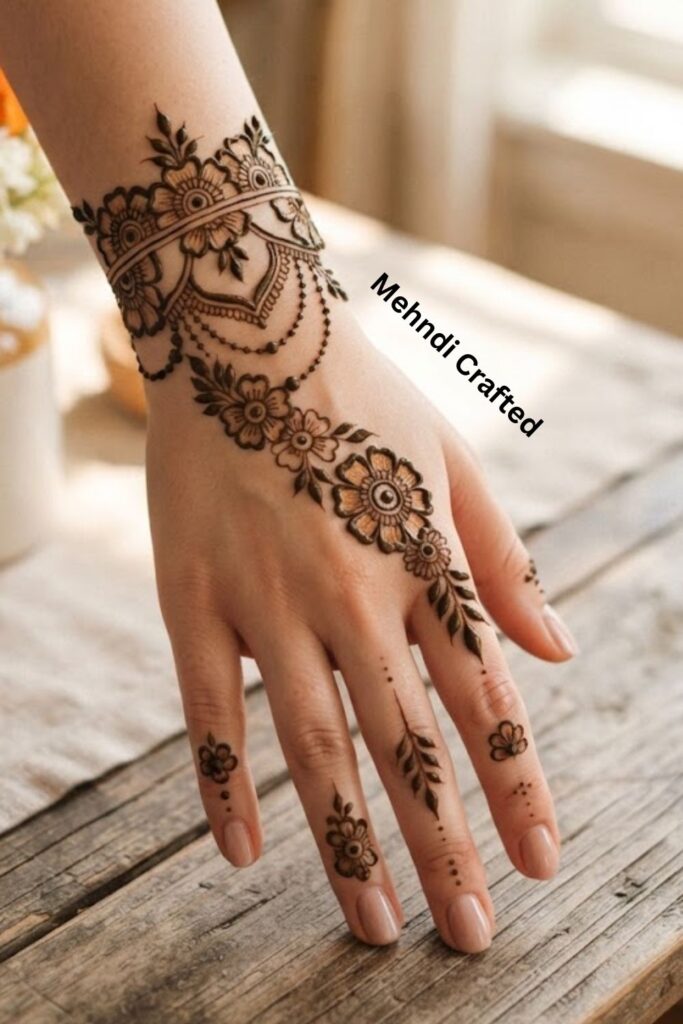 “Modern Floral Bracelet Mehndi With Negative Space and Finger Details”