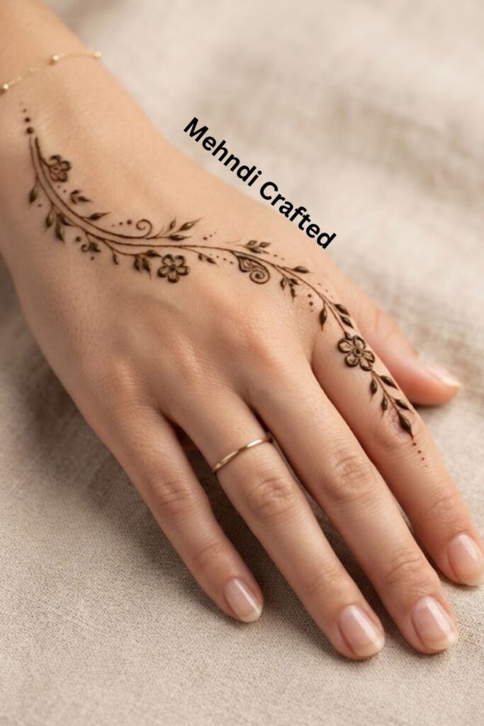 One Line Back Hand Mehndi Design with a delicate flowing floral and leafy pattern
