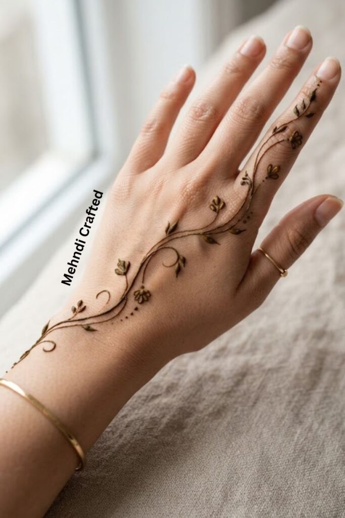 One-line bail mehndi design with a graceful continuous vine, tiny leaves, flowers, and dots