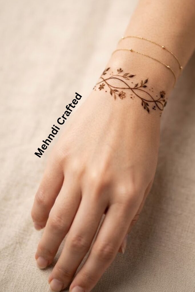 One Line Bracelet Mehndi Design with a delicate floral and leafy wrist pattern