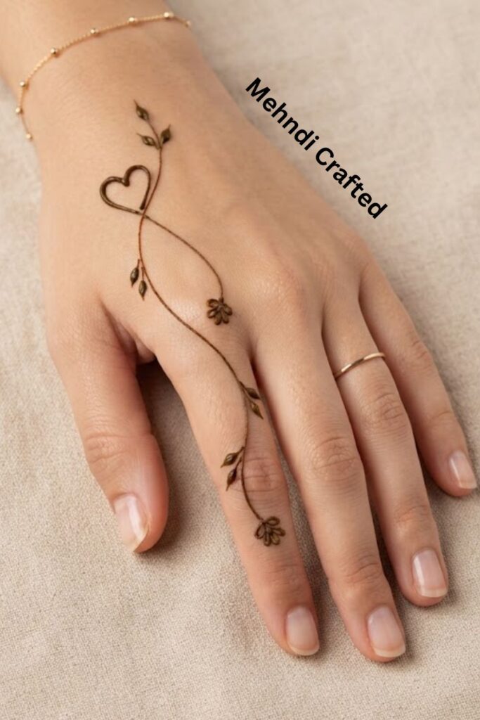 One Line Heart Mehndi Design with a delicate heart and flowing leafy vine