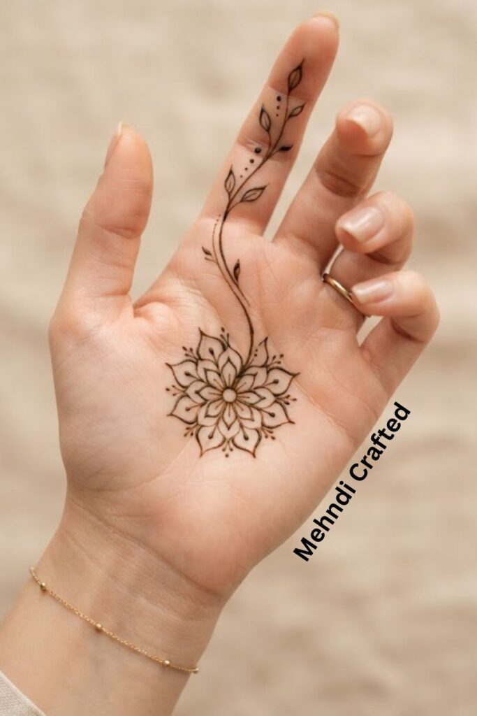 One Line Mandala-Inspired Mehndi Design with a delicate floral mandala and leafy vine