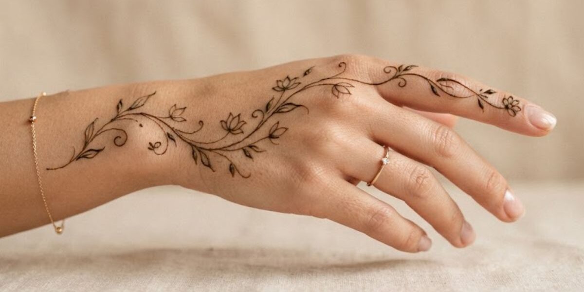 One Line Mehndi Designs 2026 featuring a simple minimalist floral and leafy henna pattern