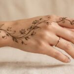 One Line Mehndi Designs 2026 featuring a simple minimalist floral and leafy henna pattern