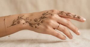 One Line Mehndi Designs 2026 featuring a simple minimalist floral and leafy henna pattern