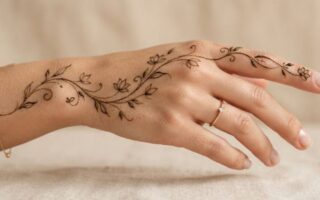 One Line Mehndi Designs 2026 featuring a simple minimalist floral and leafy henna pattern