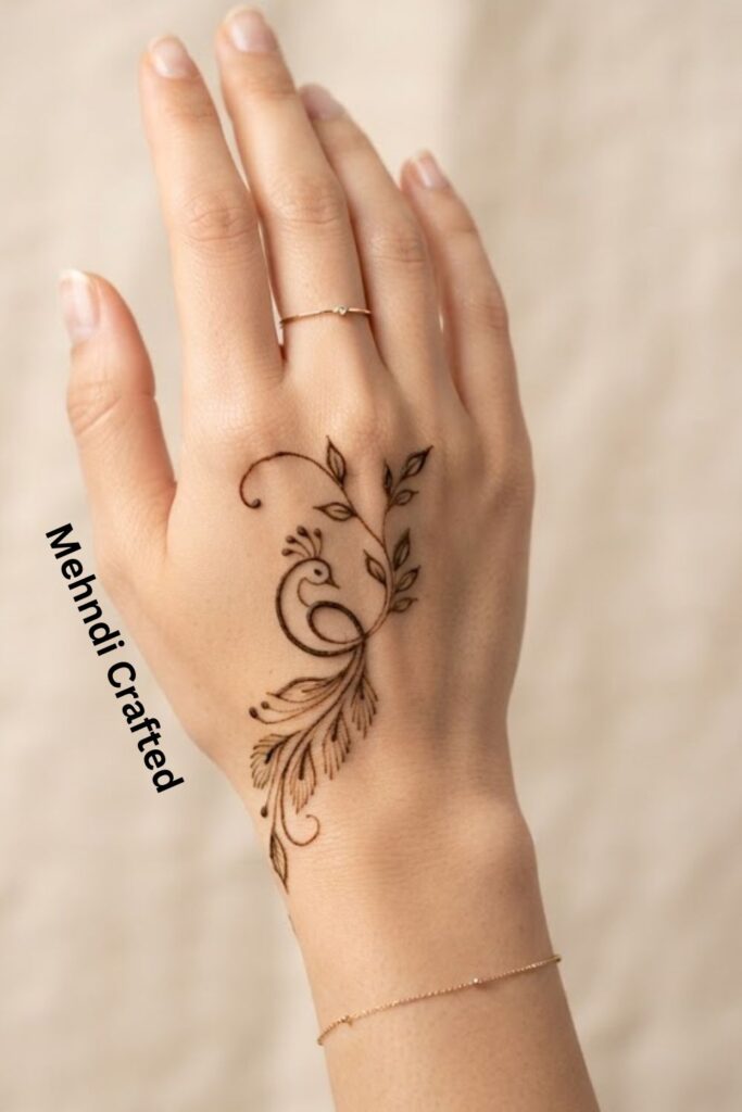 One Line Peacock-Inspired Mehndi Design with a delicate peacock and flowing vine
