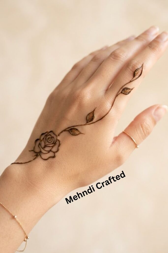 One Line Rose Vine Mehndi Design with a delicate rose and leafy vine