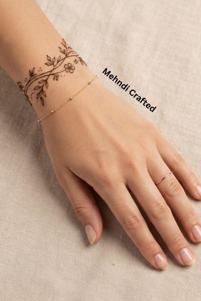 One Line Wrist Vine Mehndi Design with a delicate floral and leafy bracelet pattern