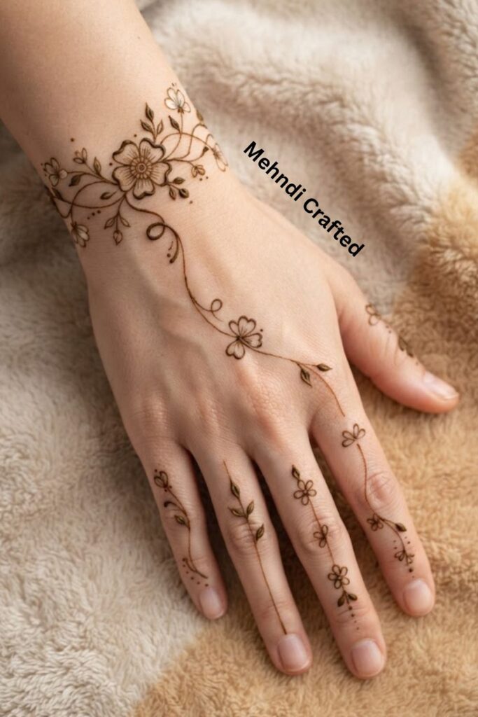 One-Line Floral Bracelet Mehndi Design with finger details