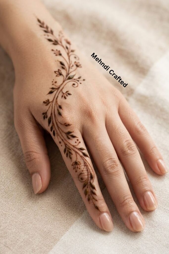 One-sided leafy mehndi design with a delicate vine on the back hand