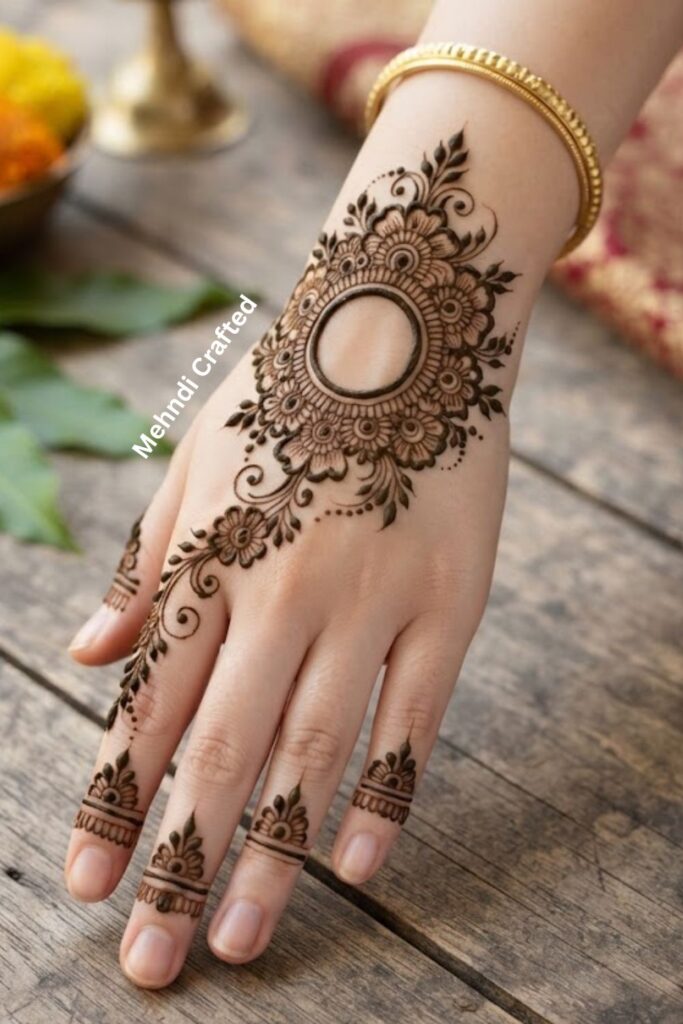 Open-space floral back-hand mehndi design with delicate flowers, leafy vines, and fine henna details.