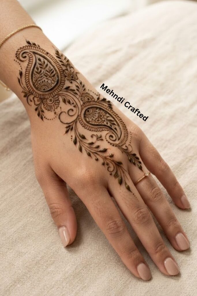 Paisley bail mehndi design with elegant paisley motifs, leafy vines, flowers, and dots on the back of the hand