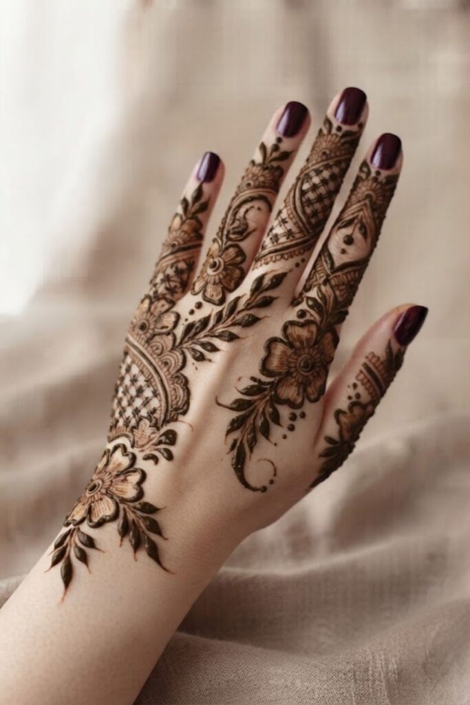 Pakistani bridal finger mehndi design with intricate flowers, paisleys, vines, and traditional patterns