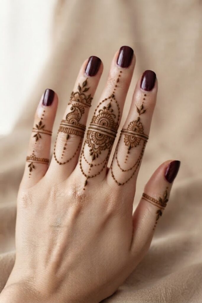 Ring style finger mehndi design with delicate floral bands and henna details