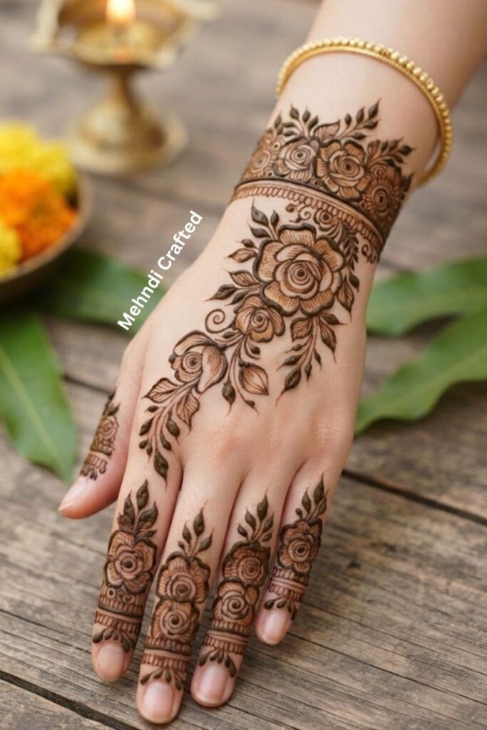 Rose and leaf mehndi design with detailed rose petals, leafy vines, and delicate henna patterns.