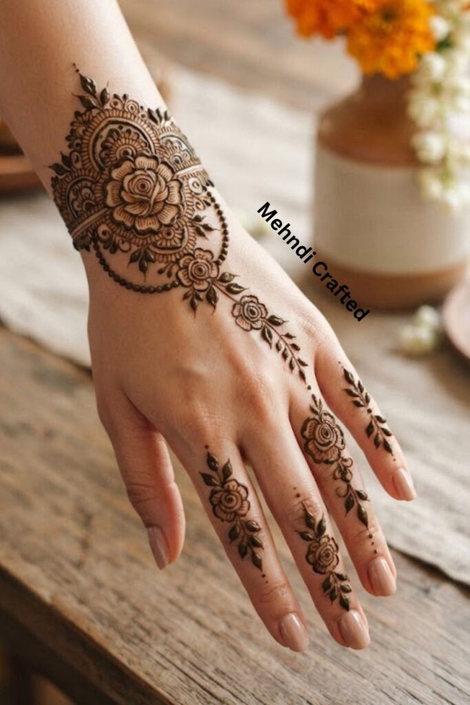 “Rose Floral Bracelet Mehndi Design with Unique Finger Patterns”