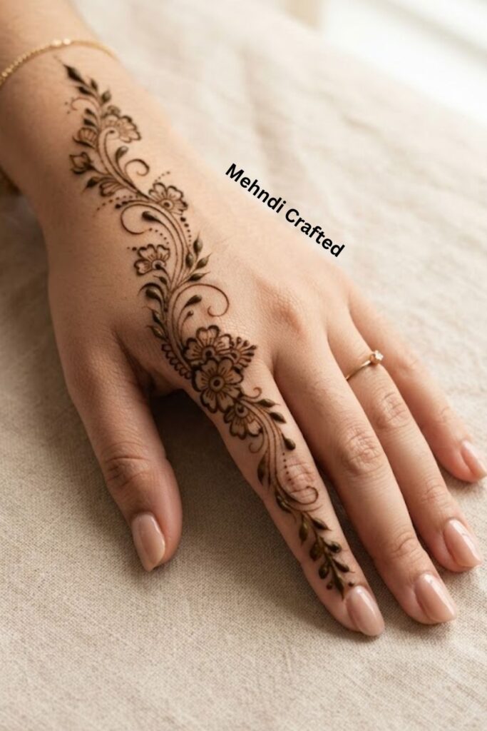 Side-hand bail mehndi design with a delicate flowing vine, leaves, tiny flowers, and dots