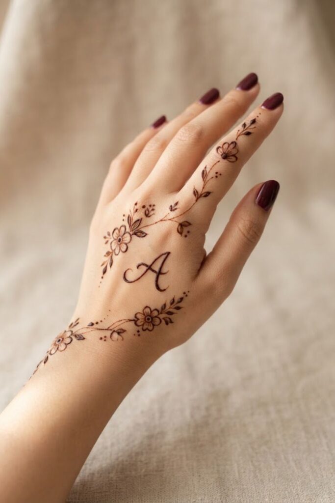 Simple A letter mehndi design with floral details and deep maroon nail polish