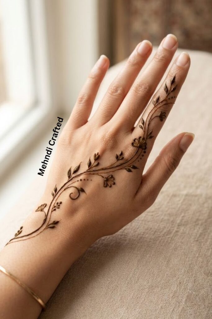 Simple bail mehndi design with a delicate leafy vine and small floral details on the back of the hand