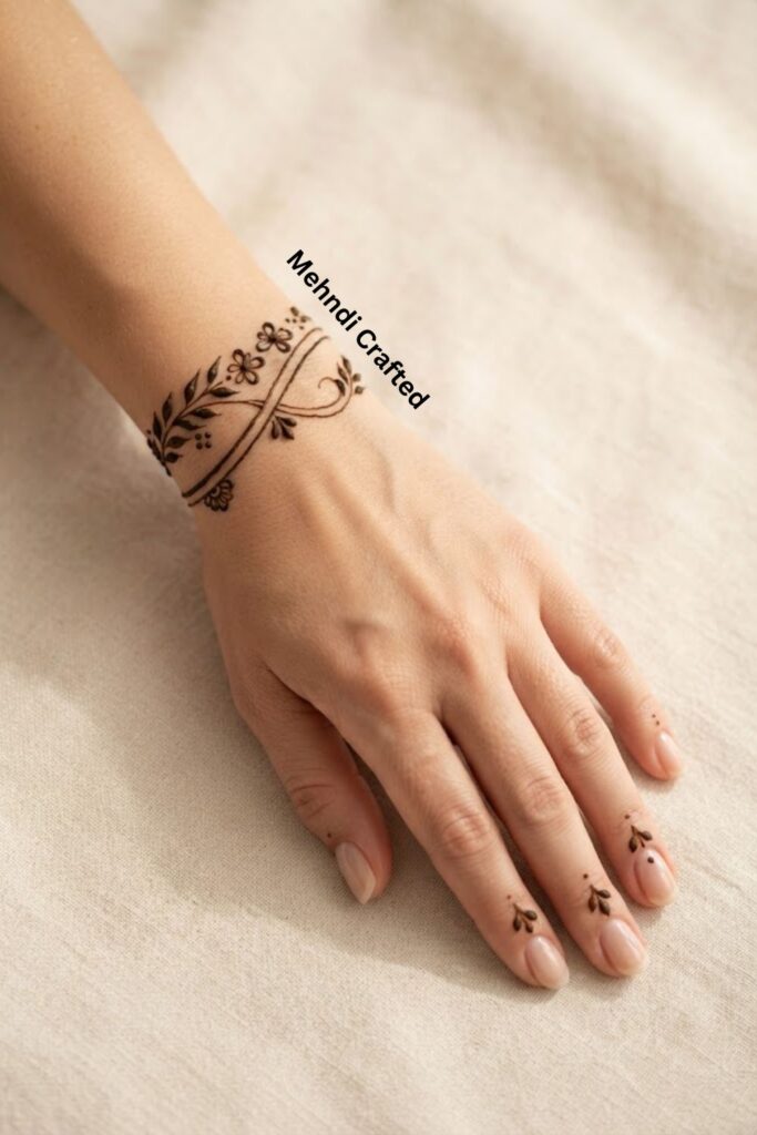 Simple bracelet mehndi design with delicate floral and leafy patterns around the wrist