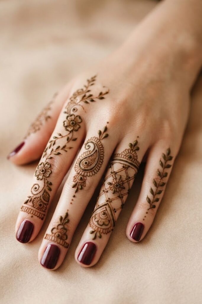 Simple bridal finger mehndi design with delicate floral and leafy henna patterns