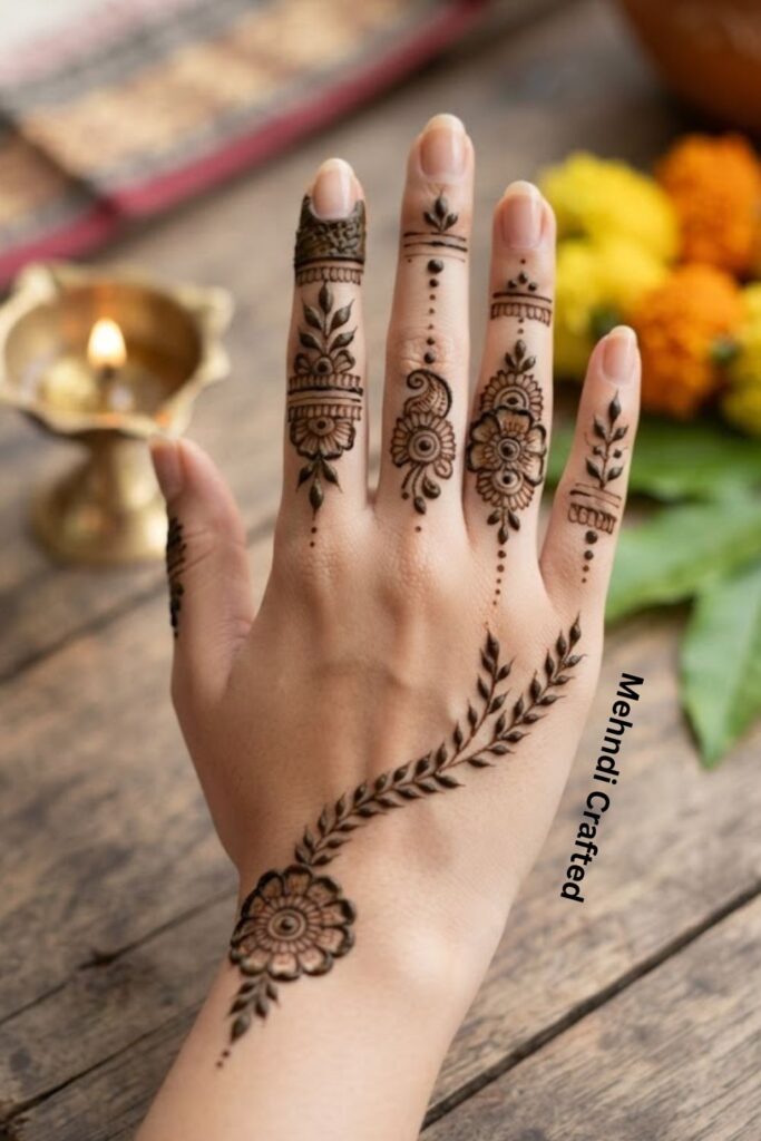 Simple Bengali finger mehndi design with delicate flowers, leaves, and fine lines