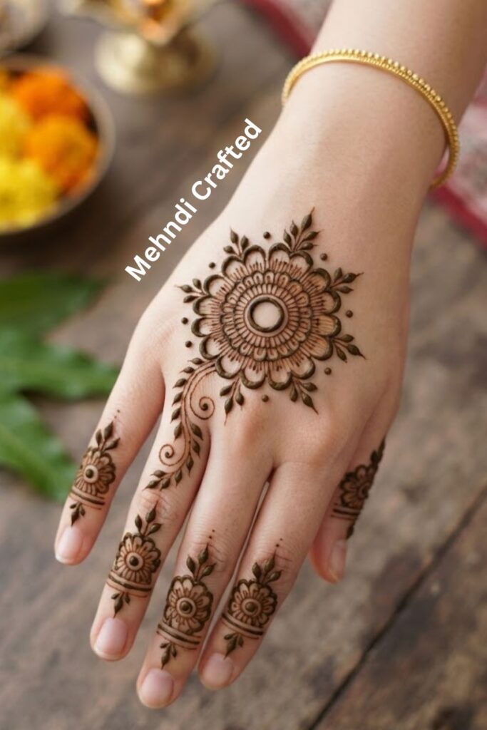 Simple flower center mehndi design with delicate floral patterns on the palm and fingers.