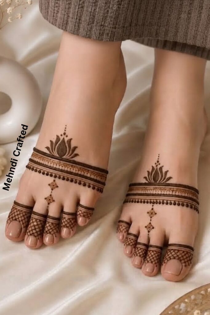 Simple geometric foot mehndi design with lines and small shapes
