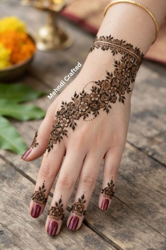 Simple Indian floral mehndi design with tiny flowers, delicate leafy vines, and fine henna details.