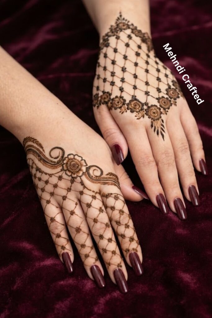 Simple square grid mehndi design with neat geometric lines on the hand