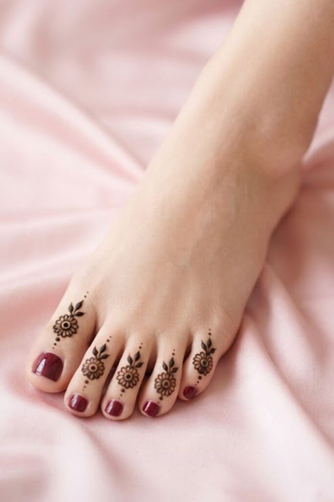 Simple toe mehndi pattern with tiny dots and petals
