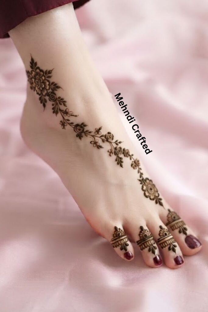 Small floral side-foot mehndi design with leafy trail